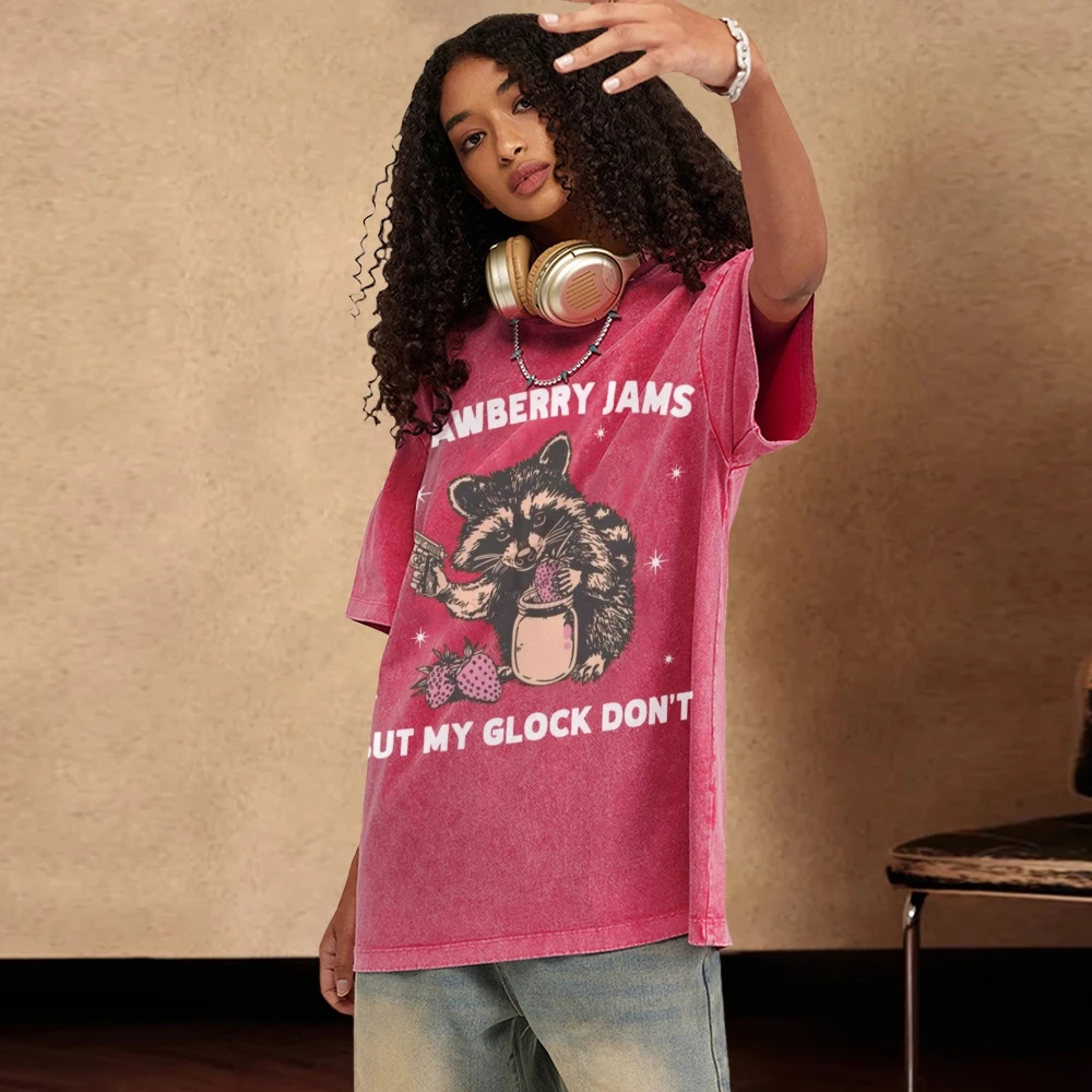 Unisex Style Oversize Loose T-Shirt Strawberry Hamster Print Washed Denim High Gram Weight Round Neck Short Sleeve