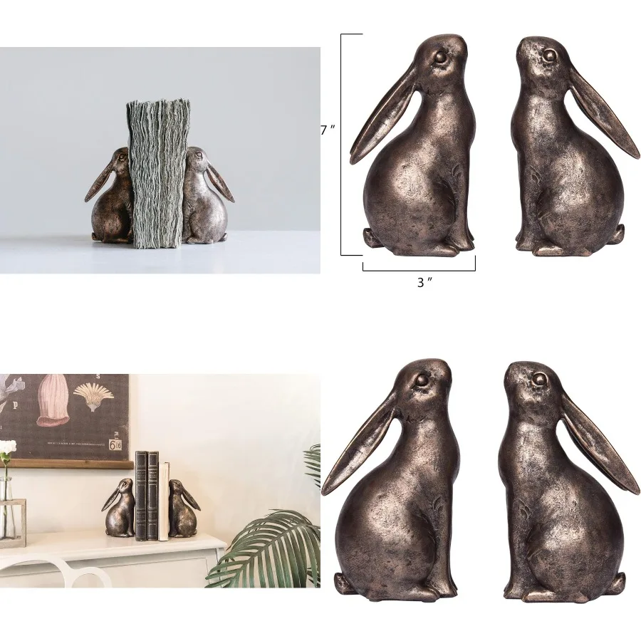 مساند كتب على شكل أرنب من الراتنج المزخرف باللون البرونزي، مجموعة مكونة من قطعتين للمكتب المنزلي أو رف غرفة المعيشة، عرض أنيق وأنيق #1