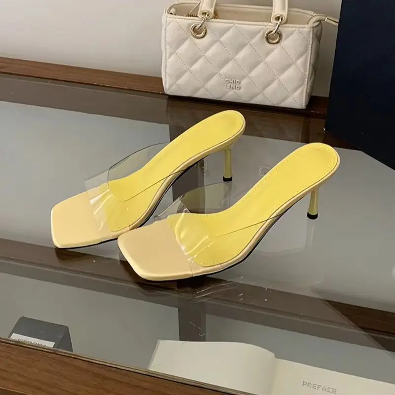 7cm High Heels Slippers Pink Sandals For Ladies Summer Polka Dots Fashion Shoes Yellow Transparent Slippers Woman 2026 Stilettos