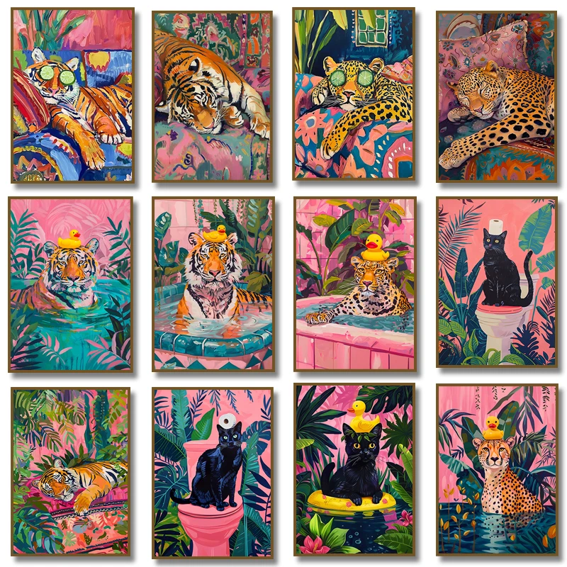 1 Stück rahmenloses Leinwandbild Schwarze Katze auf Toilette Leopard Tiger Gepard im Bad Lustiges Badezimmer-Leinwandbild Poster Kunstdruck