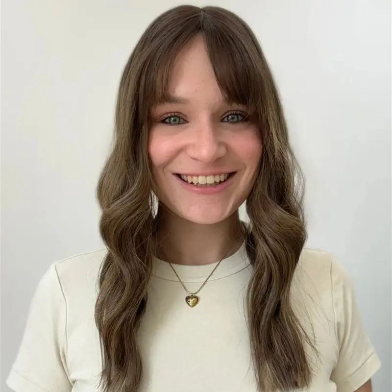 Ombre Brown Brown Balayage Luxury Synthetic Lace Front Wig with Bangs 180% Density Wig 16'' Natural Wave Wig Preplucked Hairline