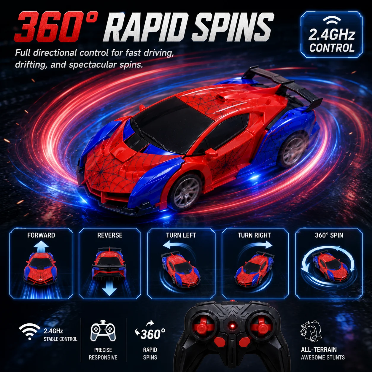 Spider RC Car Toy 2.4GHz Remote Control Transforming Stunt Car with LED Lights 360° Drift Robot Racing Car Gift for Boys Kids 3+