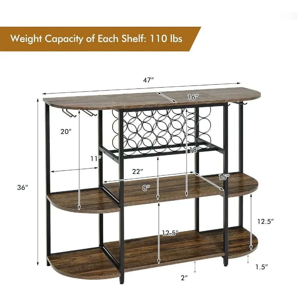 Kabinet Bar Anggur, Rak Anggur untuk 18 Botol, Tempat Kaca, Pulau Stasioner Lantai 47”, Rak Roti, Rak Penyimpanan untuk Dapur
