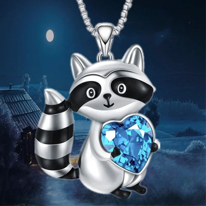 Fashion Lovely Raccoon Necklace Animal Raccoon Jewelry Blue Crystal Love Pendant Necklaces for Women Birthday Anniversary Gift