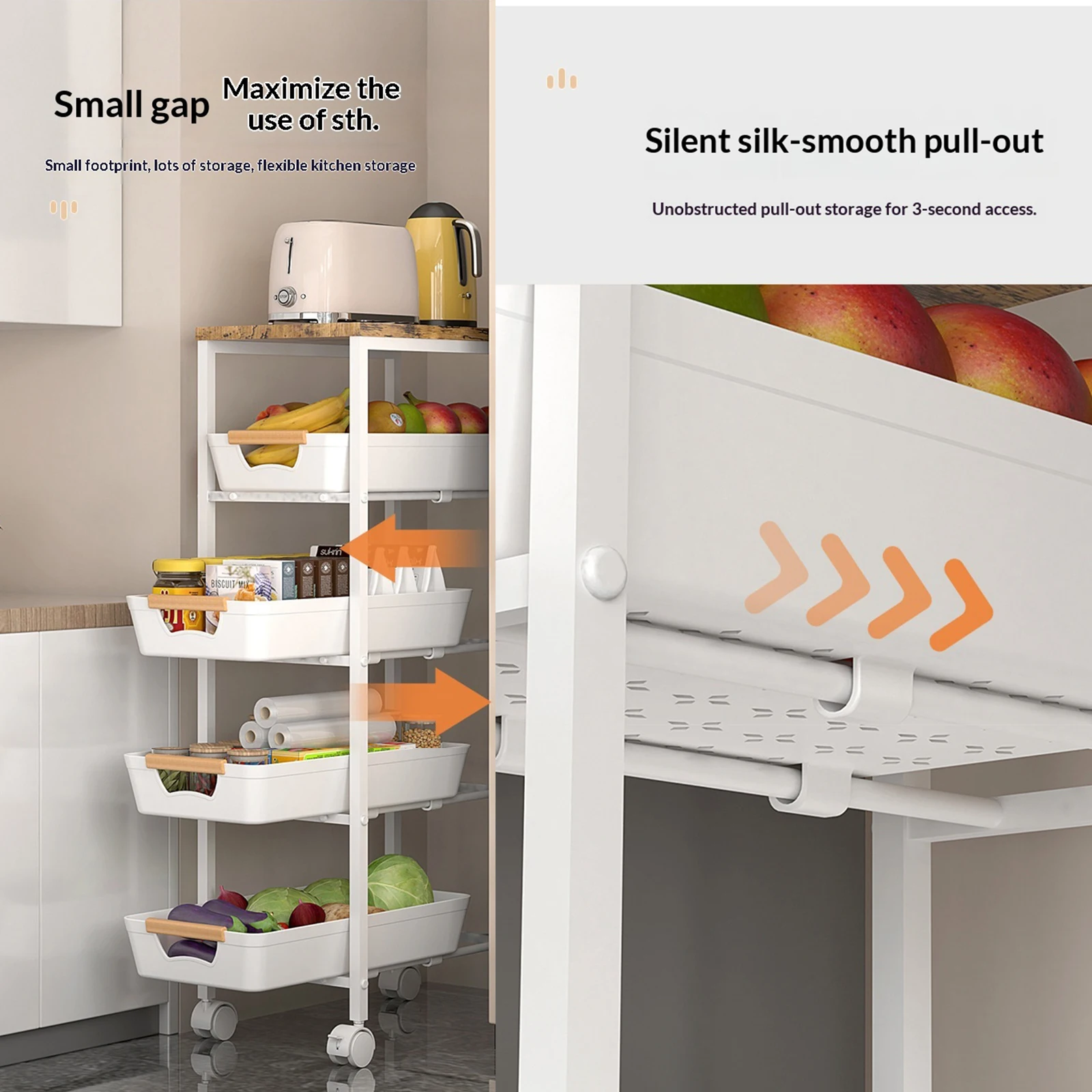 

4 Tier Narrow Space Utility Cart with Pull-Out Baskets and Wheels Slide Out Storage Shelves for Kitchen Laundry Room Bathroom