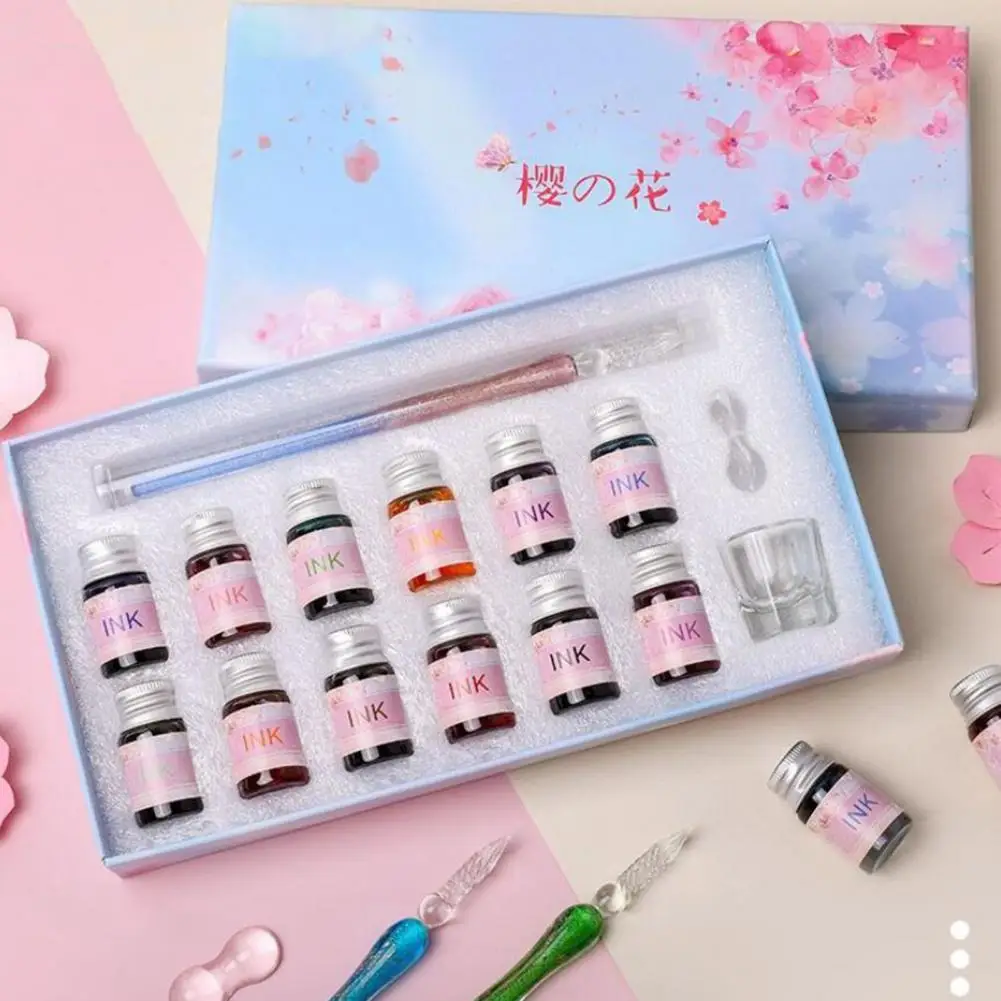 1 Set Dip Pen Translucent Cherry Blossom Decor Paillette Print Glass Ink Pen Set перо калиграфческое 딥펜 pluma caligrafica