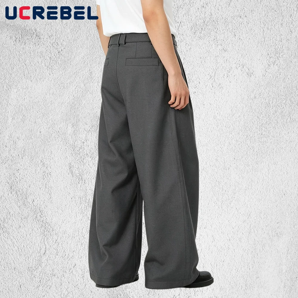Solid Color Pleated Suit Pants Mens Retro High Street Wide Leg Baggy Casual Scimitar Pants Man Trousers
