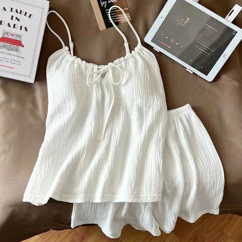 100% Cotton Women'S Sleepwear 2 Piece Set Sexy Spaghetti Strap Pajamas Lace Up Nightwear Shorts Causal Ladies Home Clothes
