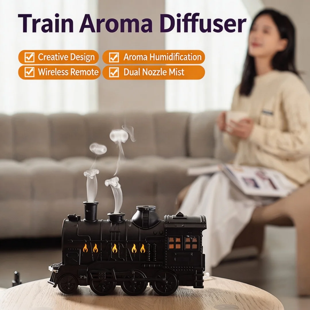 Vintage Train Aroma Diffuser 300ml USB Essential Oil Humidifier Remote Control Double Nozzle Mist Maker Home Decor Night Light
