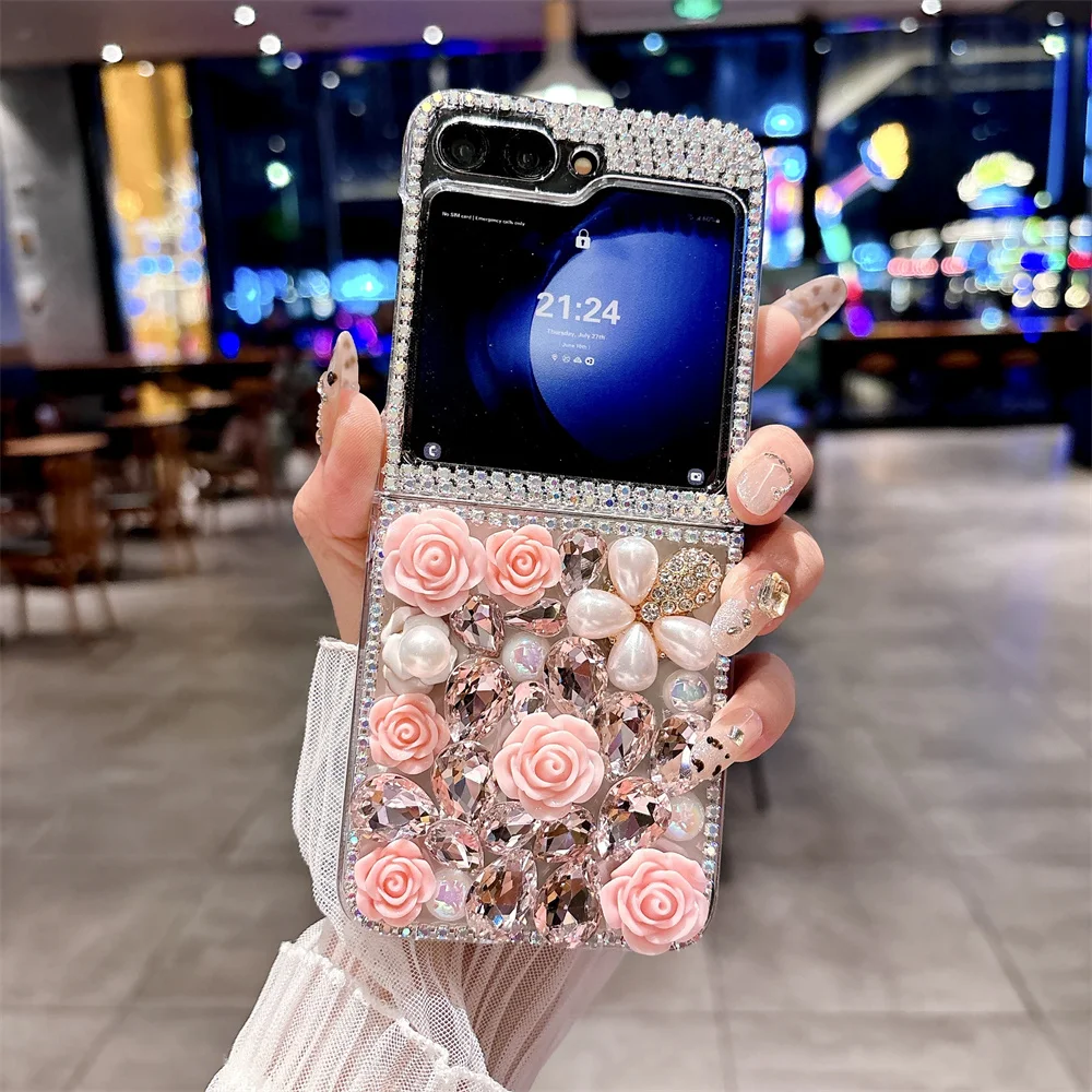 

Rose Flowers Glitter Rhinestone Phone Case for Samsung Galaxy Flip6 5 4 3 Shiny Pearls Cover Funda Moto Razr 50 40