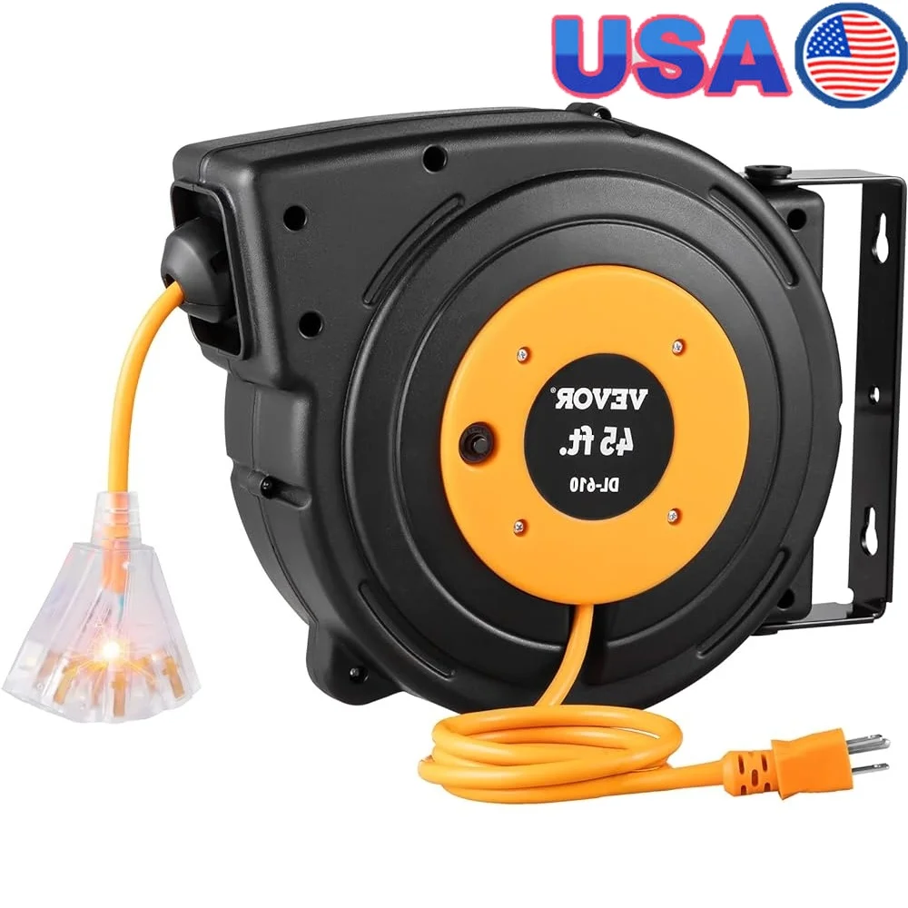 

Retractable Extension Cord Reel 45FT Heavy Duty 12AWG SJTOW Power Cord Lighted Triple Tap Outlet Circuit Breaker 15A 125V