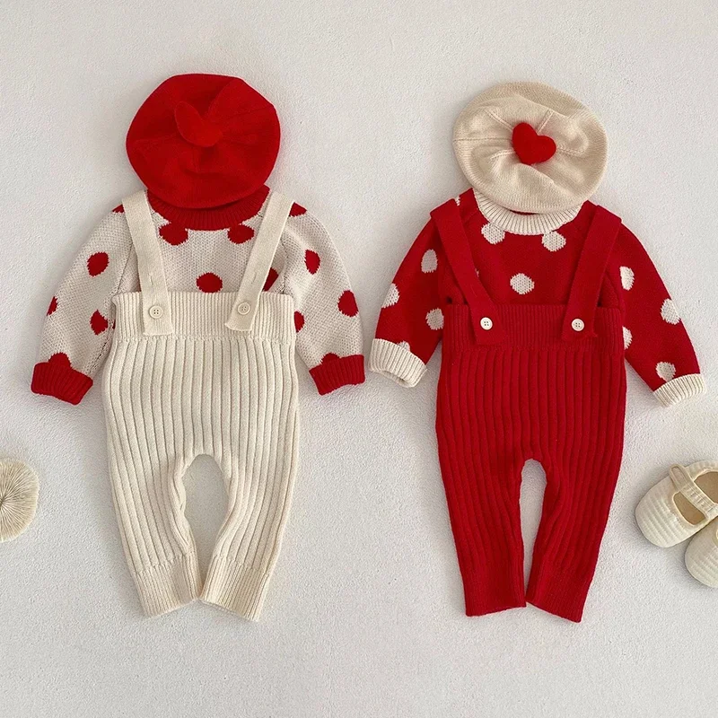 2025 New Autumn 0-3Yrs Children Clothes Infant Baby Girls Boys Clothing Sets Long Sleeved Knitted Pullover Sweater+Overalls