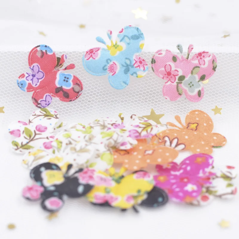 120Pcs Mix Printing Pattern Cloth Fabric Padded Patches Butterfly Appliques for Girl's Cloth, DIY Clips, Headdress, Ornament