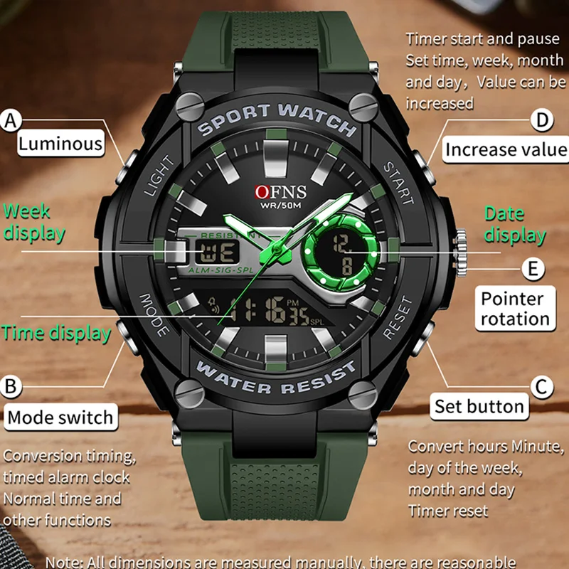 OFNS Top Brand Men\'s Watches LED Digital Dual-display Quartz Clock Military Outdoor Sports Waterproof Men Electronic Wristwatch