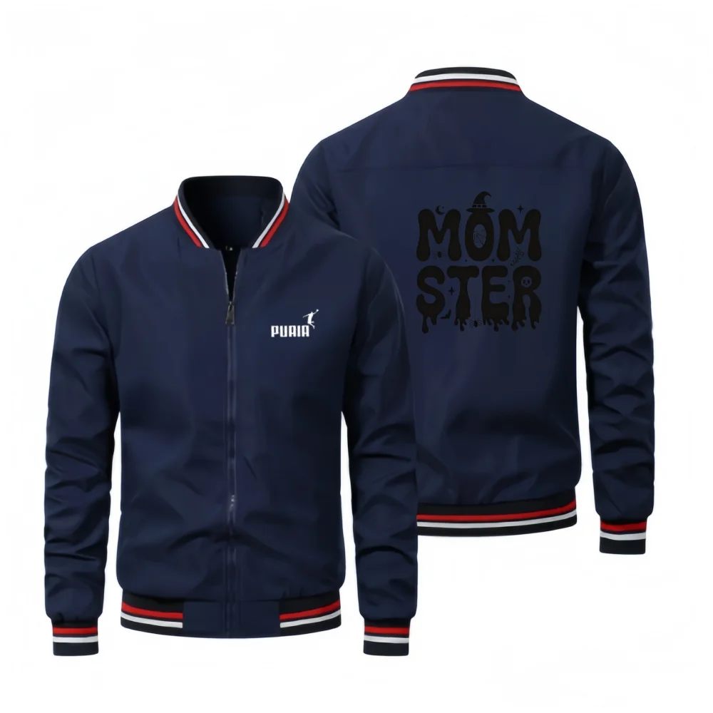 Men Halloween Monster Letter Print Baseball Jacket Striped Cuff Collar Casual Bomber Coat Streetwear Loose Outerwear