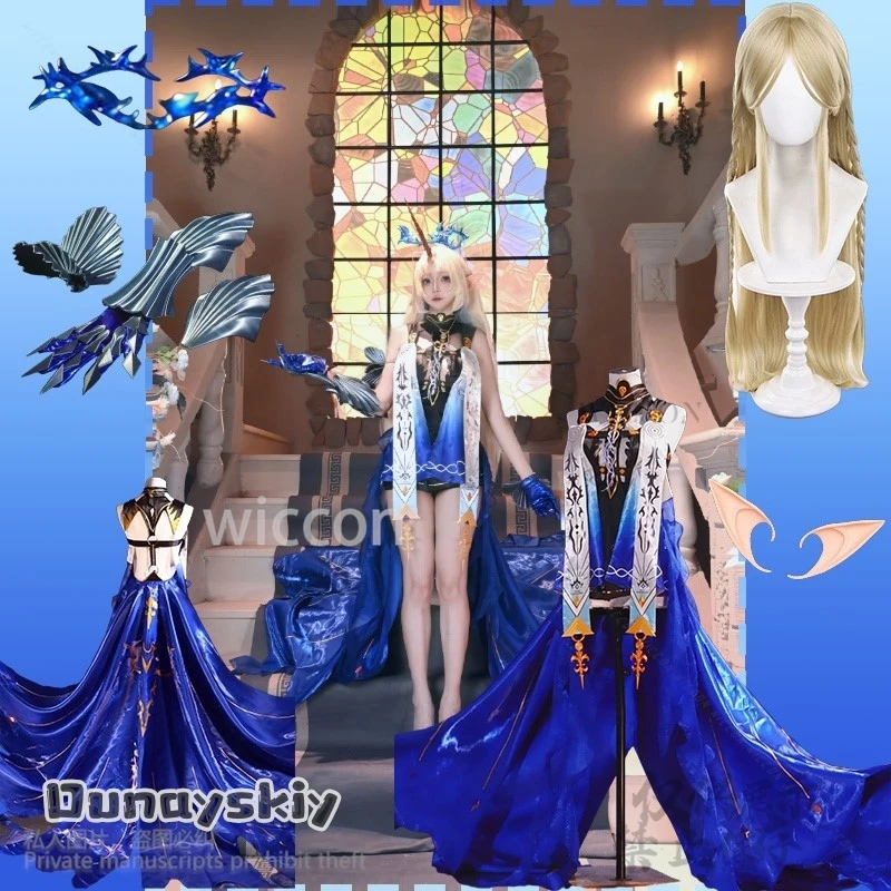 

Anime Game Wuthering Waves Cosplay Fleurdelys Big Cartethyia High Quality Blue Silk Elegant Trailing Long Dress Wigs Customized