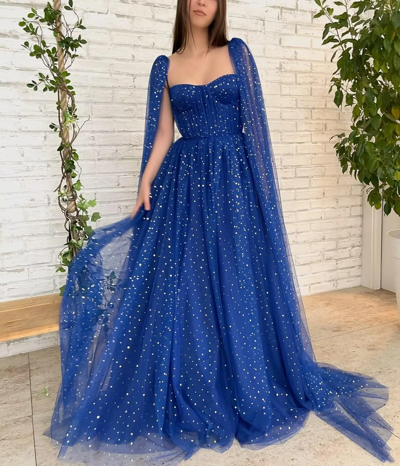 Sparkle Starry Tulle Prom Dresses with Cape Long Ball Gowns Sweetheart A-line Formal Evening Gowns with Pockets Party Dresses