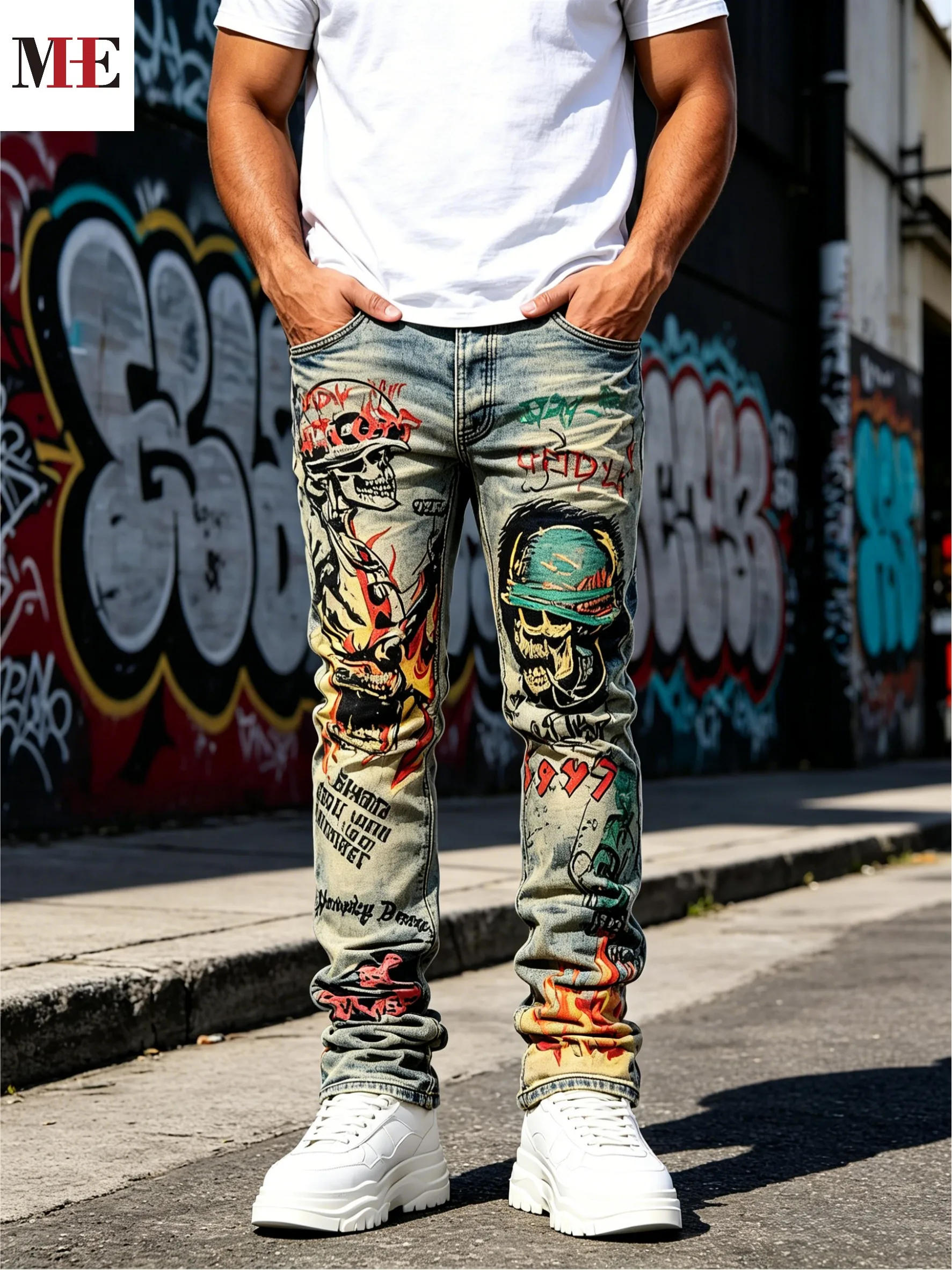 HME Hip Hop Fashion Denim Pants, Mud Vintage Long Denim Pants Featuring Fire Skull Graffiti & Contrast Back Pocket Trim
