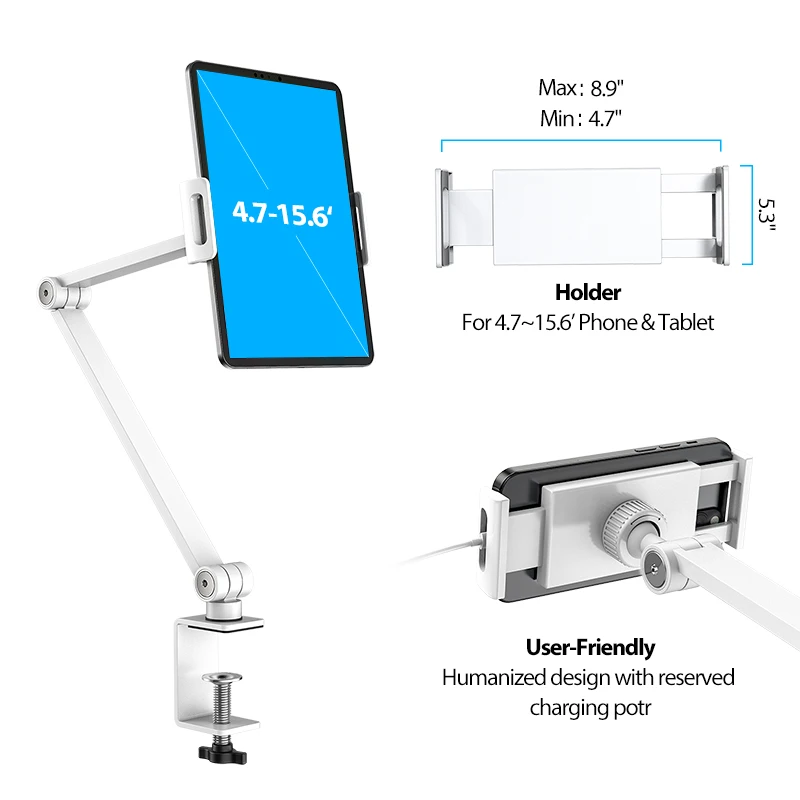 Bewiser 침대용 태블릿 마운트, 4.7-15.6 인치 휴대폰 및 iPad 스탠드, 책상 클립용 알루미늄 합금 샤오미 휴대폰 거치대, 라이브용