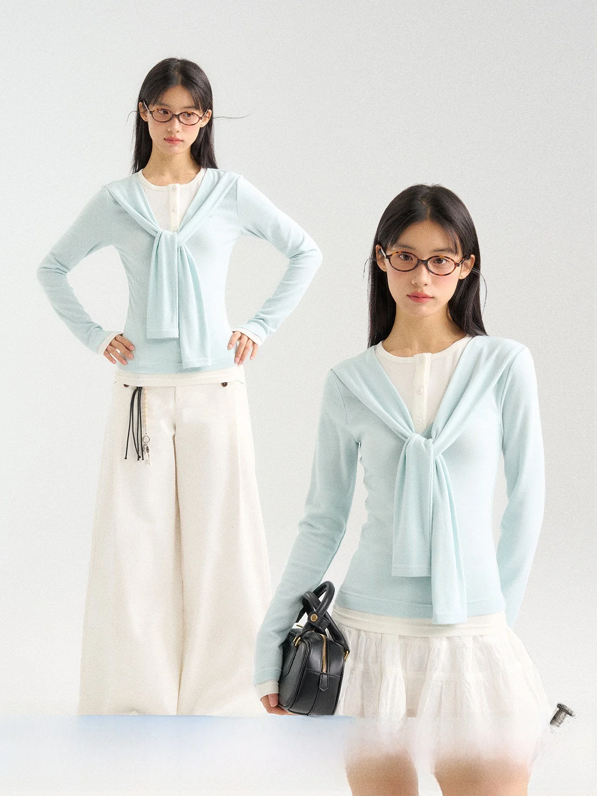 

Annatto Spring 2025 Slim Fit Blue Long Sleeve Base Shirt Women's Thin Style Casual Pure Color V-neck Top Inner Wear T-shirt