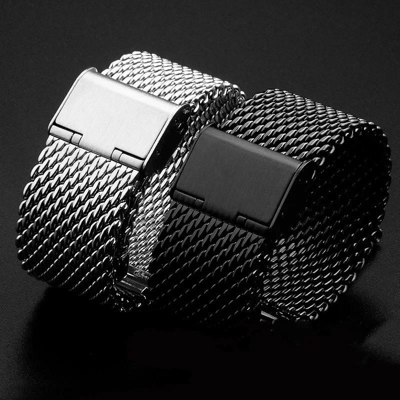 16 مللي متر 20 مللي متر 22 مللي متر ميلان حزام (استيك) ساعة سوار العالمي حزام (استيك) ساعة 0.6 مللي متر شبكة الفولاذ المقاوم للصدأ حزام الفضة ساعة سوداء اكسسوارات