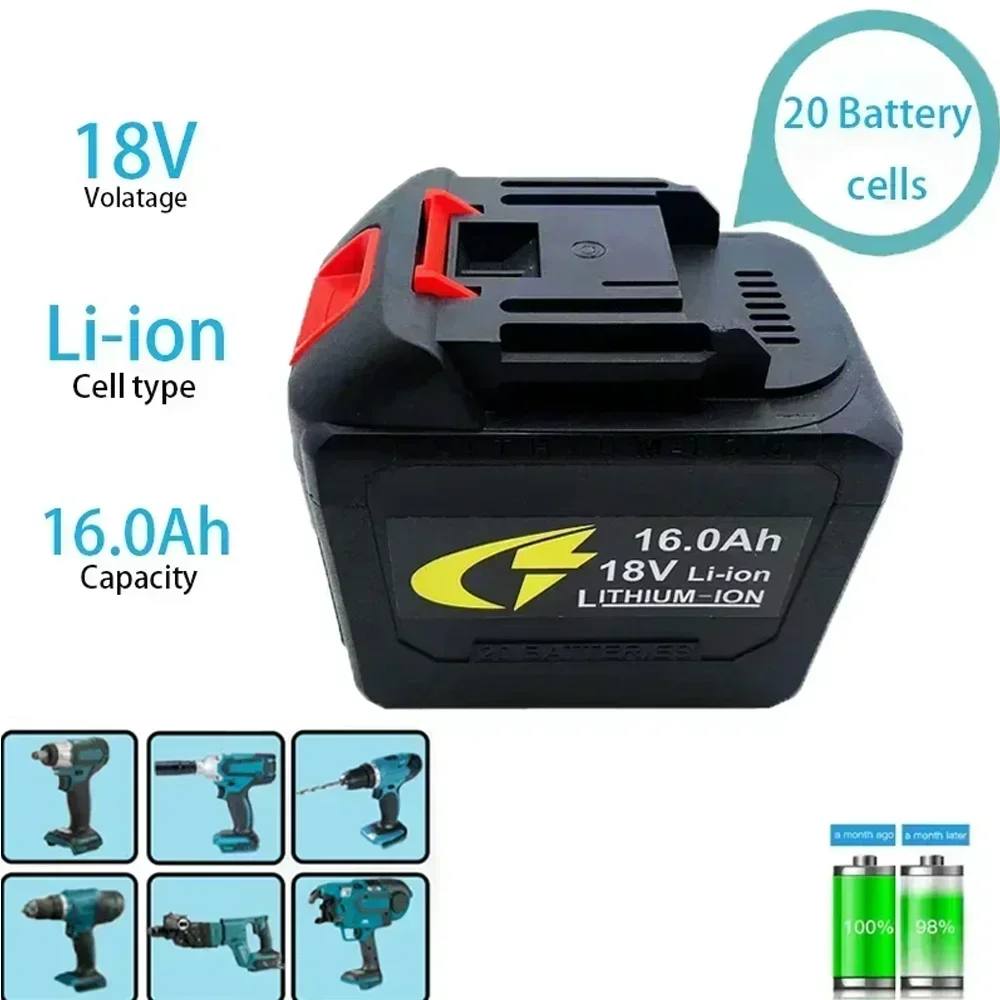 18V 16.0Ah 18650 lithium-ion tool battery, high current, high discharge suitable for replacing screwdrivers/drills in Makita