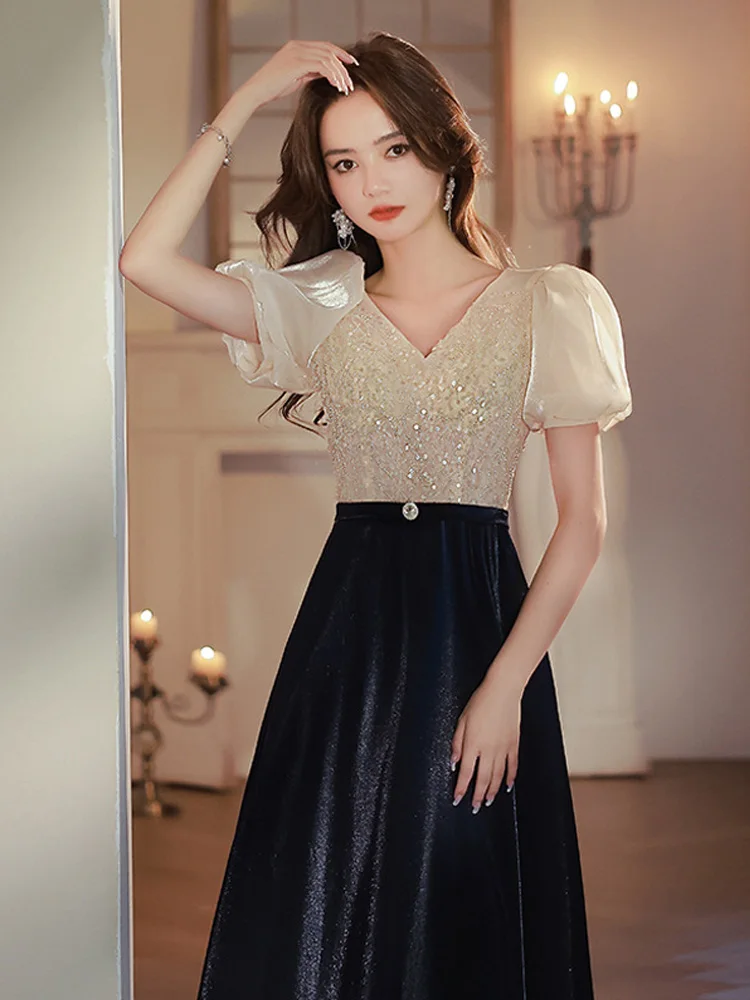 

Women's Evening Dresses Temperament Retro Patchwork Puff Sleeve Banquet Gown French Style V-Neck Long Celebrity Dress