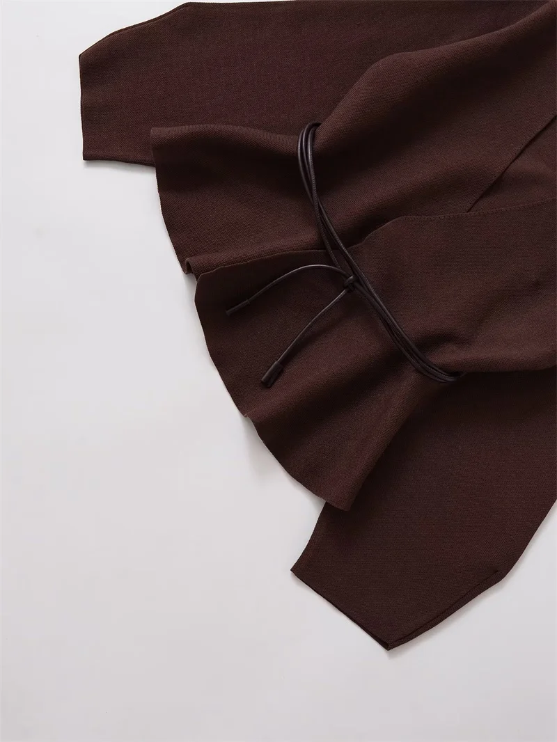 Damen-Strickjacke, 2025, Herbst, neuer Stil, tiefbraun, langärmelig, mit Gürtel, Dekoration, V-Ausschnitt, Strickjacke, Mantel, elegant