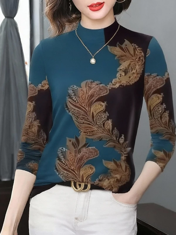 

Thickened Fleece Long Sleeve Mom Women's T-shirt Half High Collar Warm Floral Print Top for Middle-Aged And Elderly Ladies