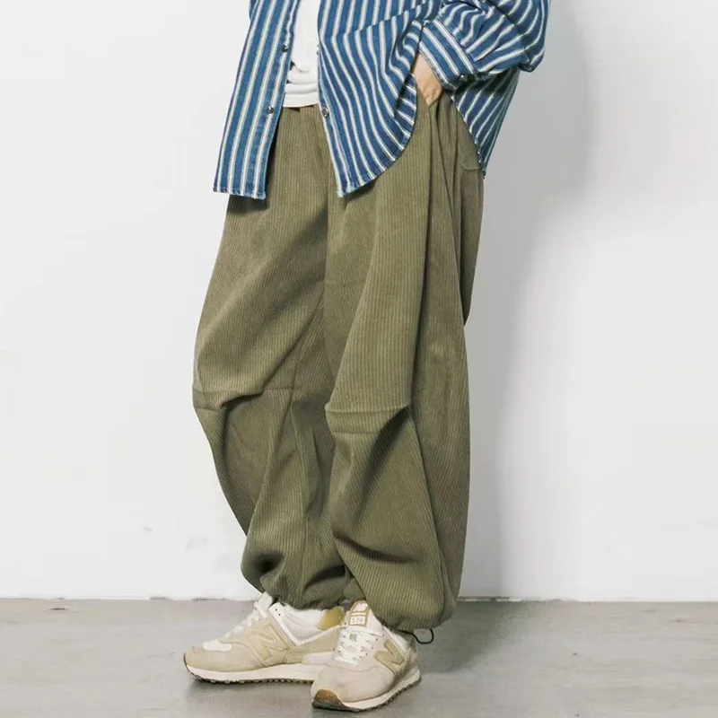 Corduroy Cargo Pants Men Japanese Korean Streetwear Loose Casual Drawstring Pleated Wide Leg Pant Women Jogger Tack Trousers