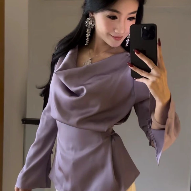 

Women's French Temperament Celebrity Style Satin Collar Long-sleeved Shirt New Summer Straps Waist-hugging Short Top