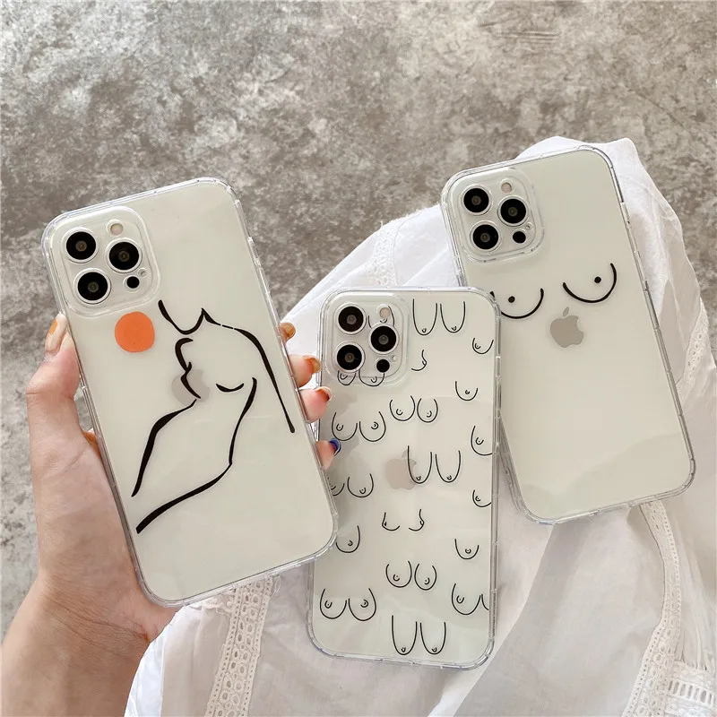 2021 INS cute funny personality line chest breast transparent soft  case for iphone 15 14 13 12 11 Pro Max 7 X XS clear cover