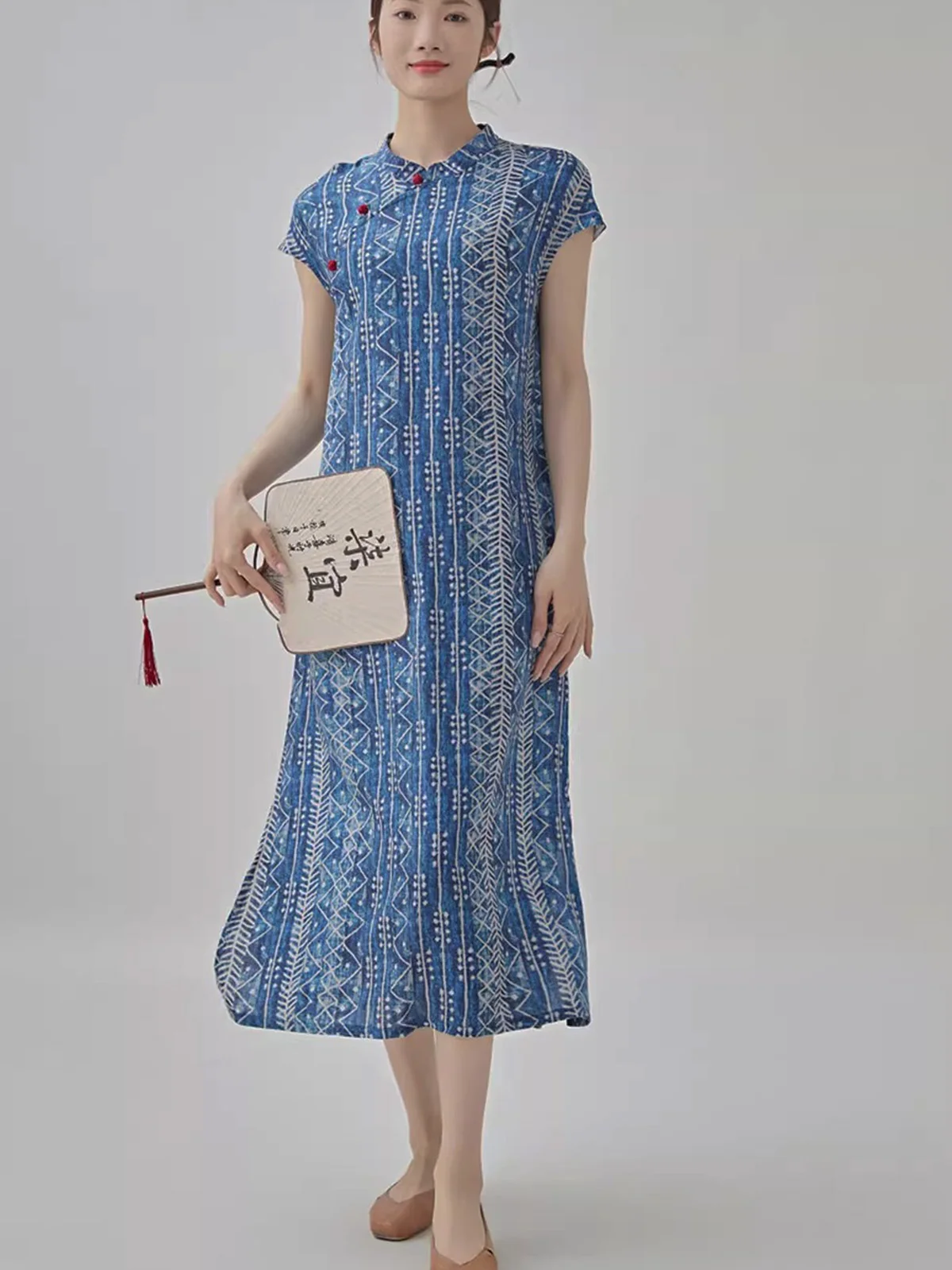 فستان شيونغسام تشيباو الصيني للنساء، فستان ريترو نحيف بإبزيم قرصي وأكمام قصيرة من القطن والكتان مخطط ومطبوع، فساتين طويلة للصيف
