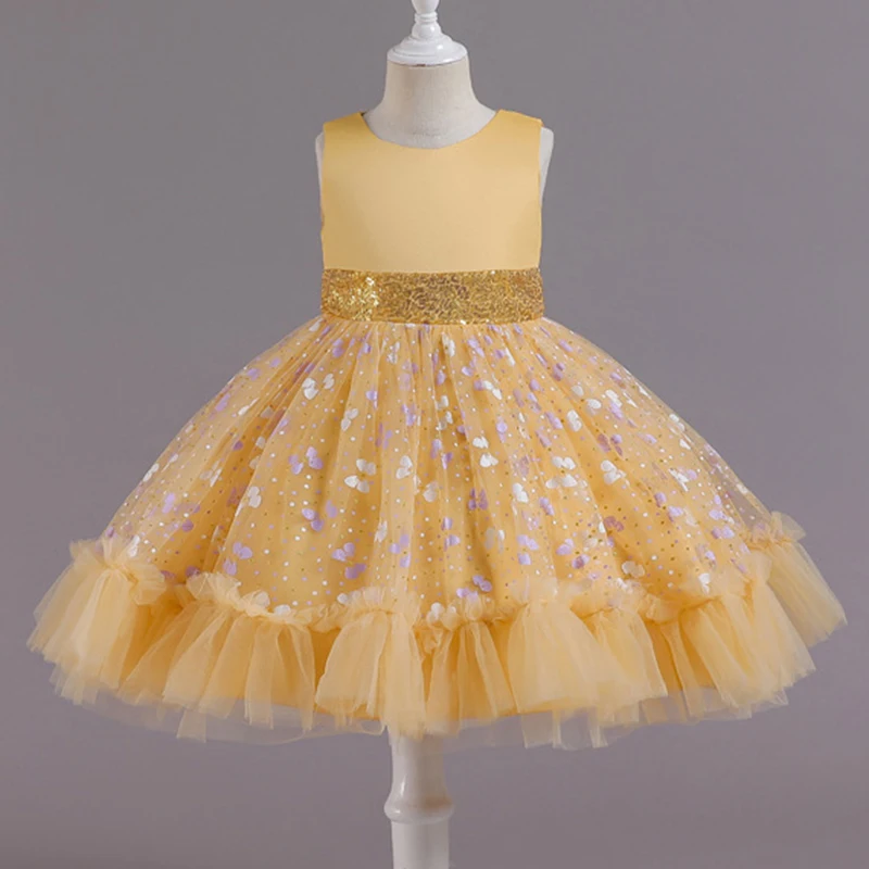 New Baby Kids Girls Elegant Printed Butterfly Flower Princess Party Tutu Dresses Children Sequins Wedding Evening Girl Clothes