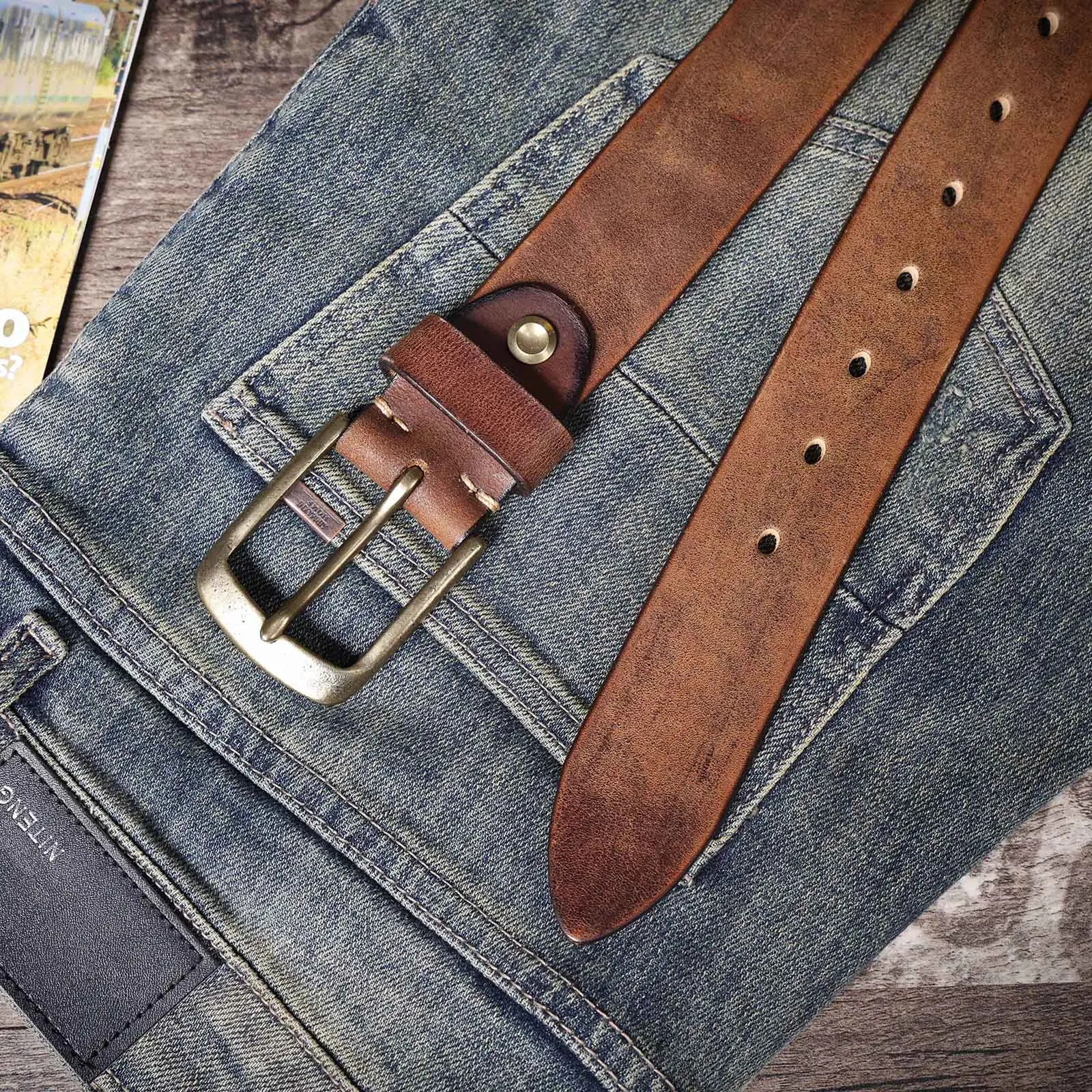 Vintage-Herrengürtel aus echtem Leder mit massiver Messingschnalle, lässiger Dornschließe-Gürtel mit Geschenkbox, verdicktes italienisches Rindsleder – Detail 18
