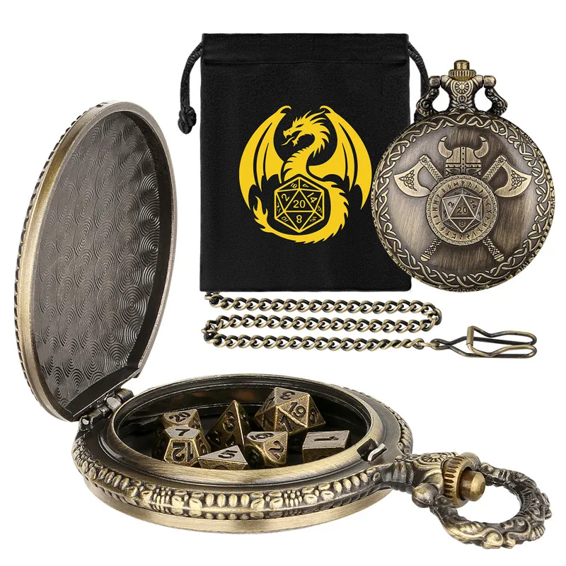 

Vintage Helmet with Double Axes Pocket Watch Case 7pcs/set Mini Metal Polyhedral DND Dice Role Play Board Game Accessory Bag