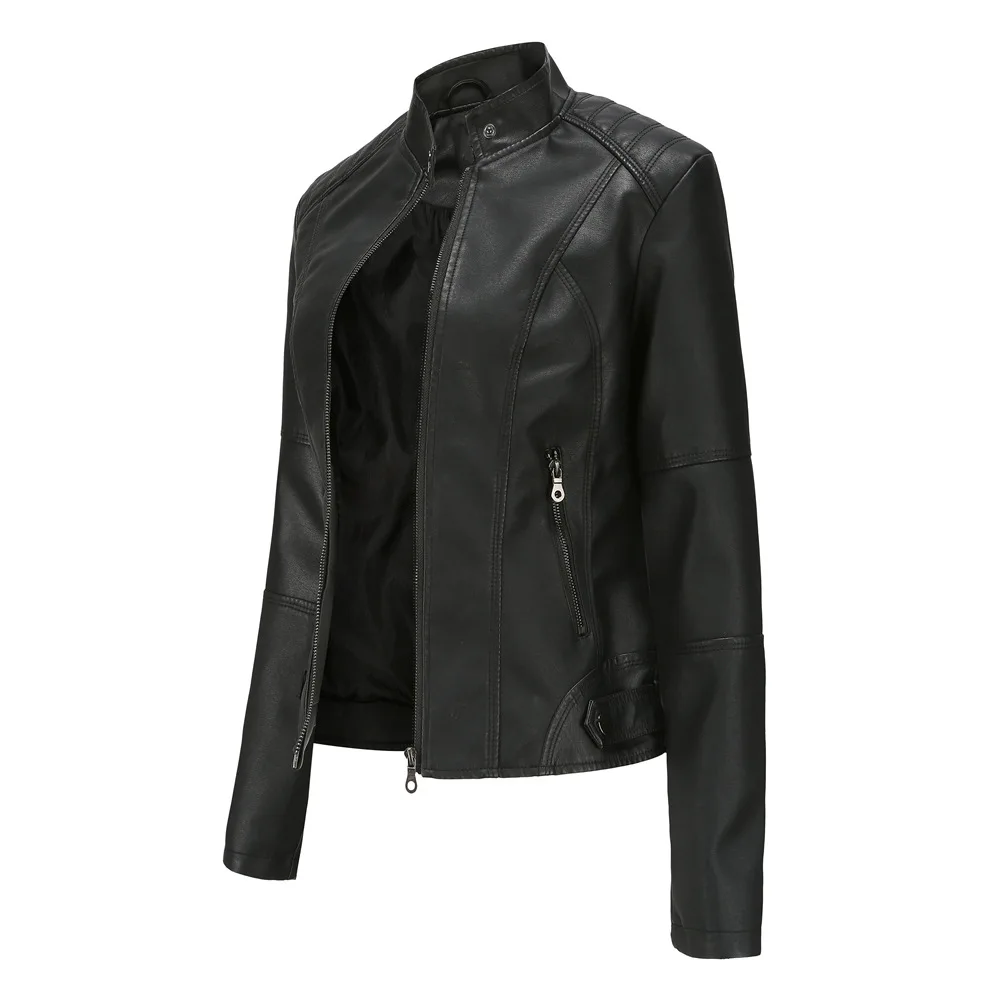 Women's Slim Fit Leather Jacket with Motorcycle Suit, Large Standing Collar, Autumn Black Zipper Outdoor Leather Windproof Top