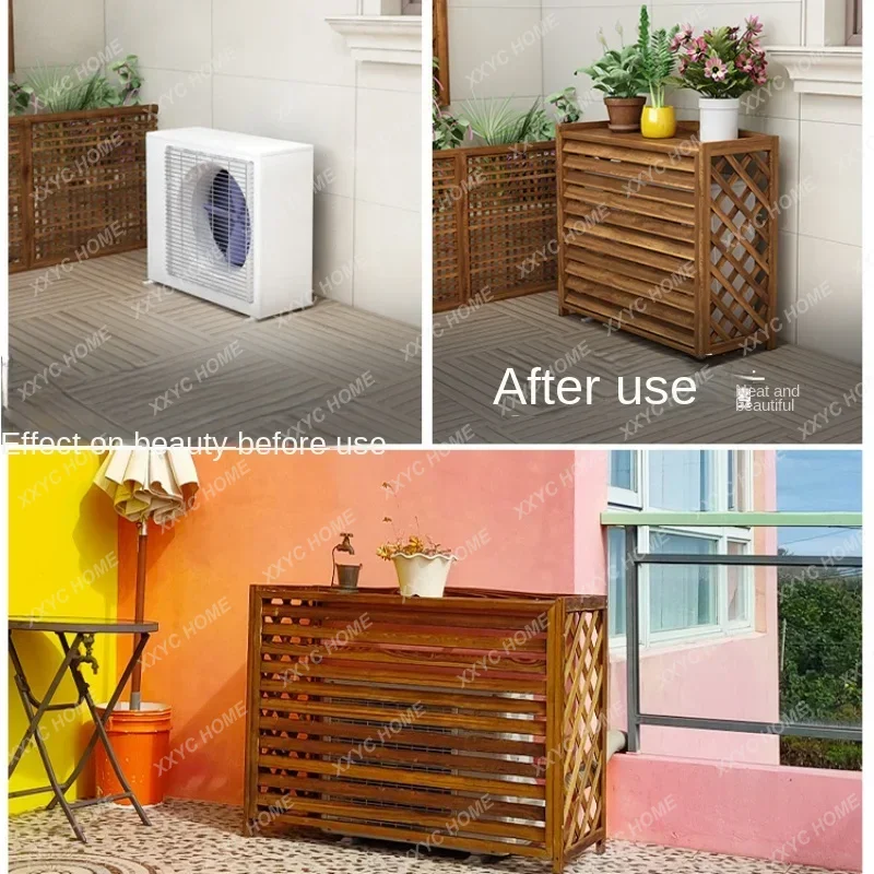 Stylish Air Conditioning Decorative Rack - Carbonized Wooden Flower Stand, Grid Louver Shelf for Gardens, Home Organizer