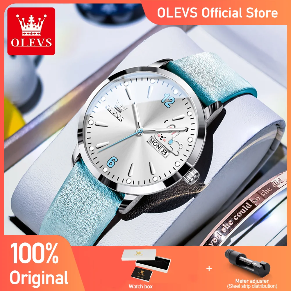 OLEVS 5700 Quartz Movement Watch Sweet Outfit Bunny Number Dial Week Display Calendar Window Leather Strap Watch For Women