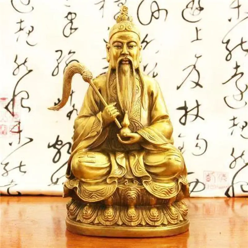 Copper statue of the Supreme Elder Laojun, old-style lotus pedestal, holding a dustpan, for home decoration, living room metal o