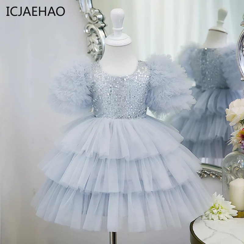 

2024 Elegant Princess Tulle Wedding Dress for Girls Teenagers Clothes Blue Sequins Tutu Gowns Quinceanera Costumes Children Kids