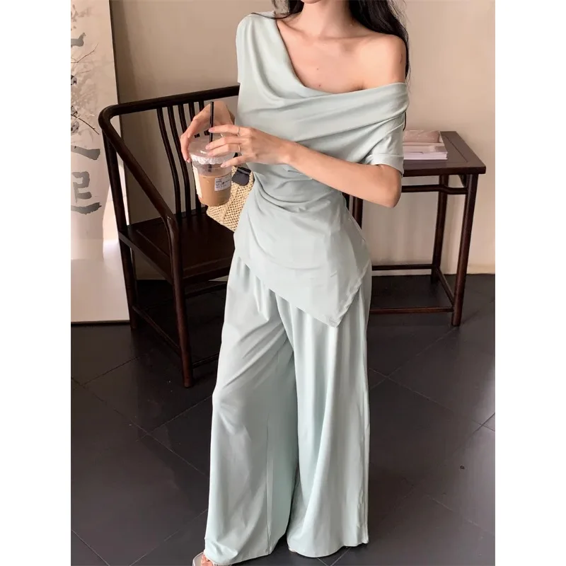 

2024 Summer New Korean Strapless Pleated Sexy Irregular Short-sleeved T-shirt Women + Loose Casual Wide Leg Pants Two-piece Suit