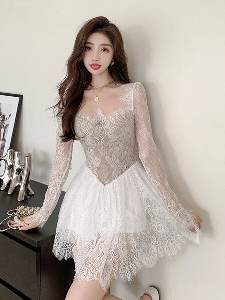 New Fashion Y2K Summer Short a-line Dress Women Chic Sweet Lace Sexy Square Collar Slim Mini Party Birthday Mujer Vestido Street