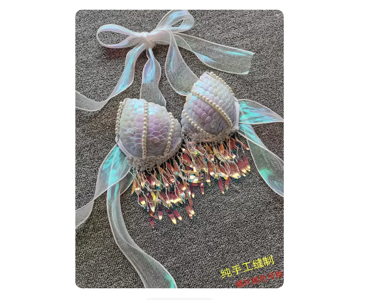 

Mermaid Sequins Seashell Bikini Top Bra Oceanarium Bar Table Performance Clothes Fishtail Leather Beach Bra