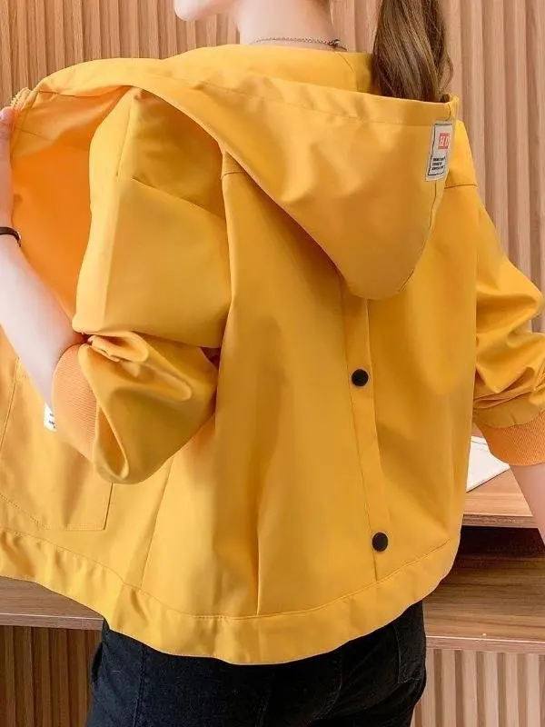 korean-style-pure-color-hooded-jacket-women's-short-casual-loose-spring-autumn-versatile-trendy-pocket-square-towel