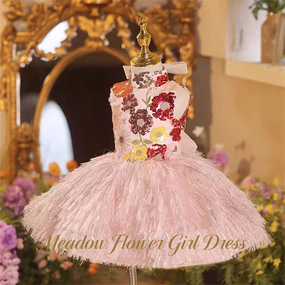 Meadow Blush Pink Children Birthday Wedding Gown High Neck Ball Gown Party Tutu Gown Feathers Hem Bow First Communion Dresses