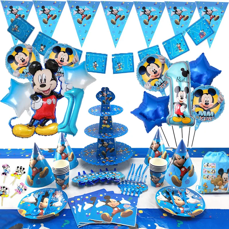 Cartoon Disney Mickey Mouse Party Decorations Paper Cups Plates Napkins Banner Tablecloth Balloons Boys Birthday Baby Shower