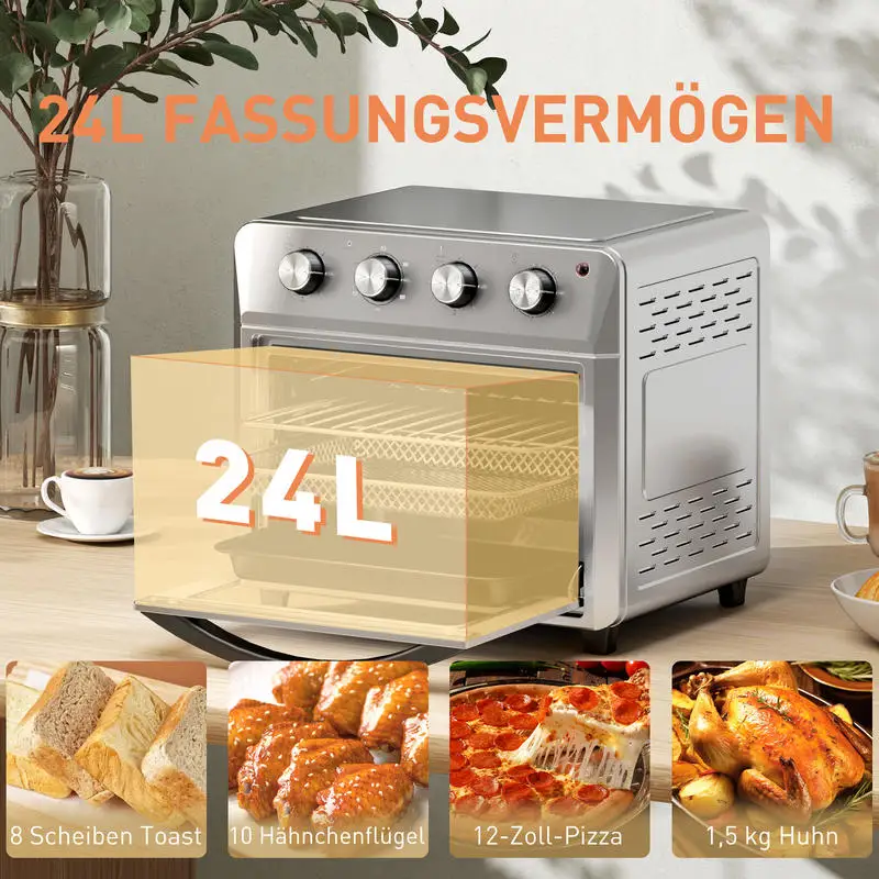 Mini-Backofen mit Umluft, Heißluftfritteuse, 6 Heizmodi, Timer, Zubehör, 24L, Silber