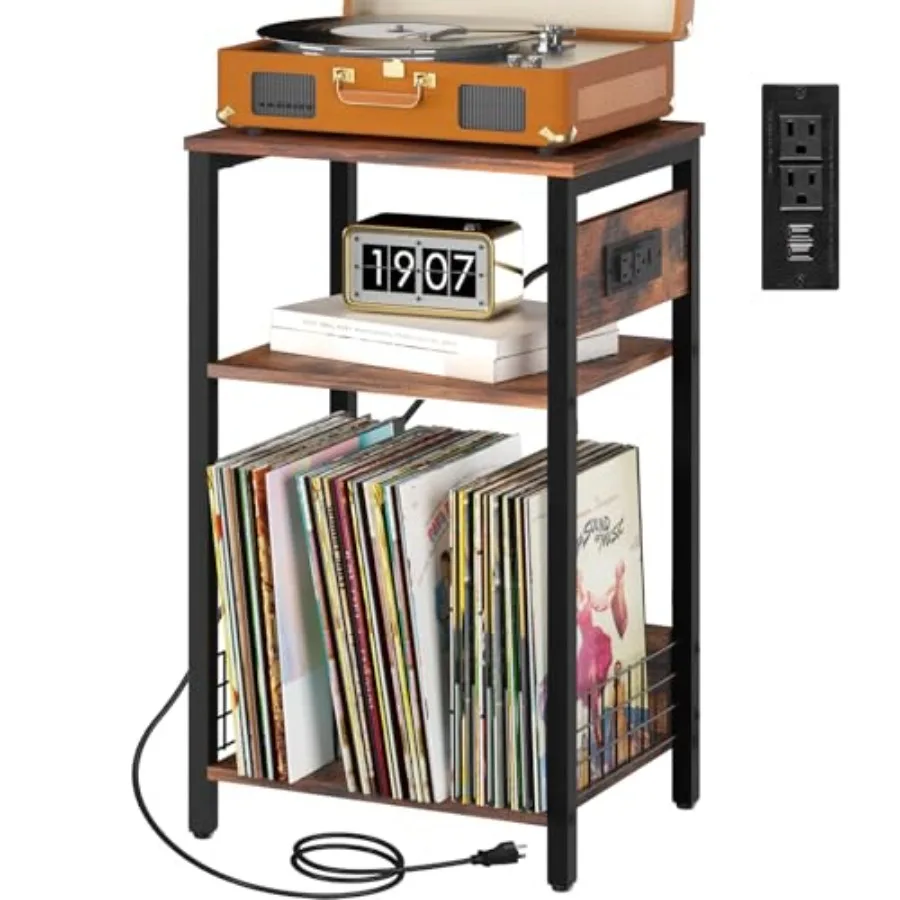 

Record Player Stand 3-Tier Side Table Charging Station Small End Table Record Holder with Vinyl Storage Beside Tables Turntable