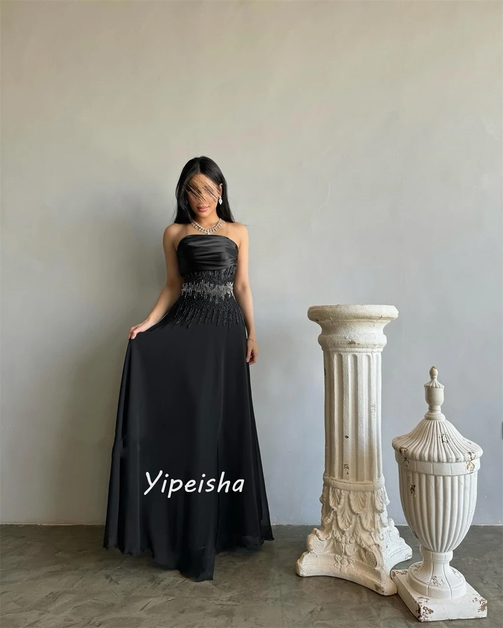 Yipeisha-Falda fruncida hasta el suelo, vestidos de graduación, Charmeuse, línea A, sin tirantes, a la moda